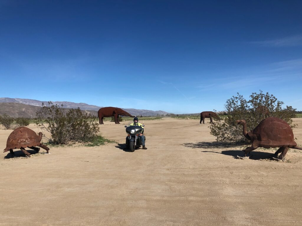 Multiple Sculptures and Motorcycle Selfie