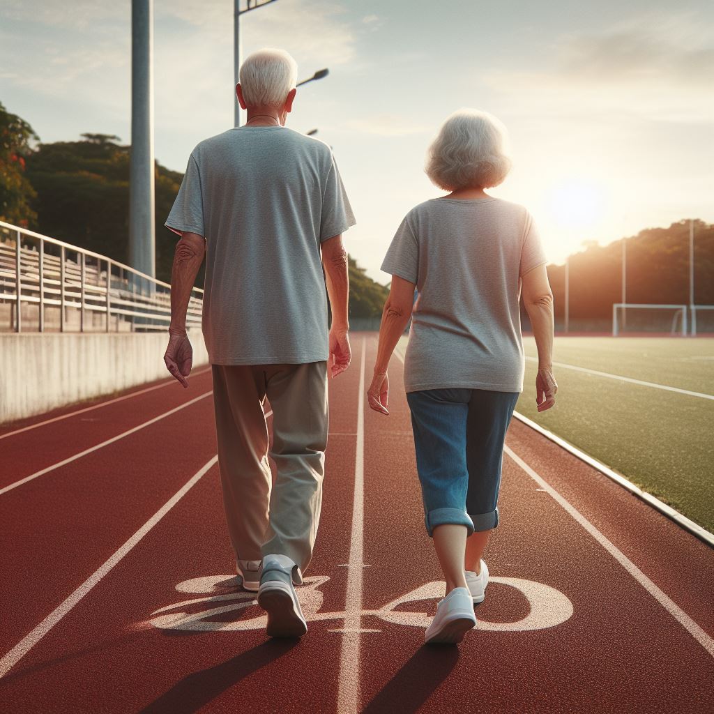 Older Couple Walking On A School Track