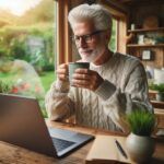 Man Drinking Coffee Working on His Computer