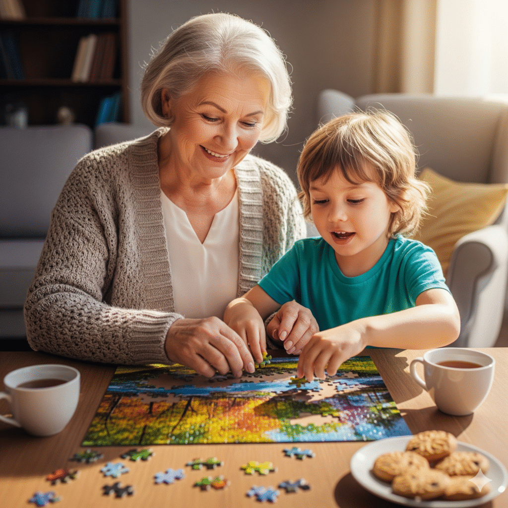 A Senior With Grandchild Doing a Puzzle