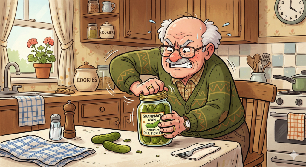 Senior trying to open a pickle jar