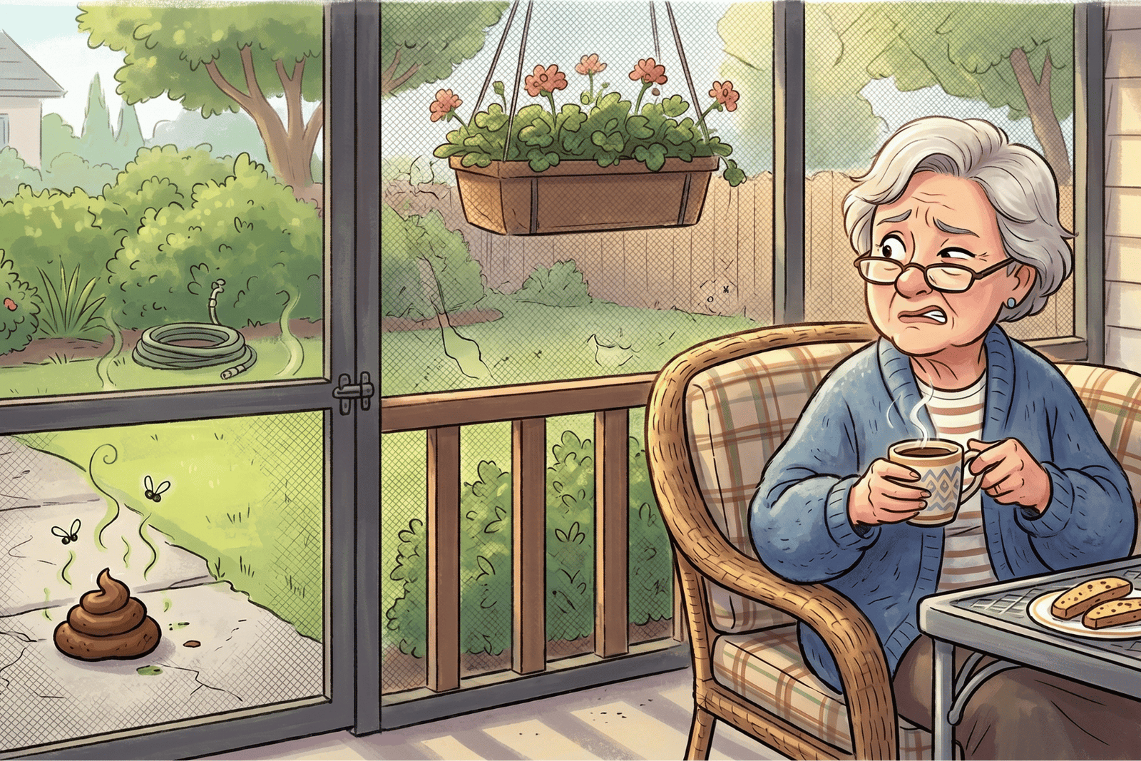 Senior On Porch With Dog Poop